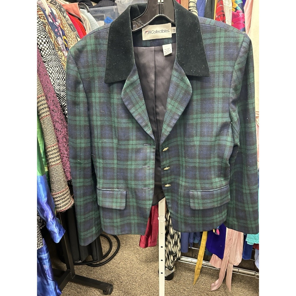 Vtg 80s JH Collectibles Sz 12 Green Blue Tartan Plaid Tweed Wool USA Cropped